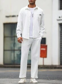 Manfinity Homme Conjunto De Camisa De Manga Larga Y Pantalón De Color Sólido Para Hombre Y Cómodo - Blanco - Ver 5