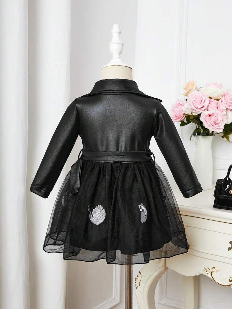 Baby Girl Lapel Neck Mesh Overlay Belted PU Leather Dress