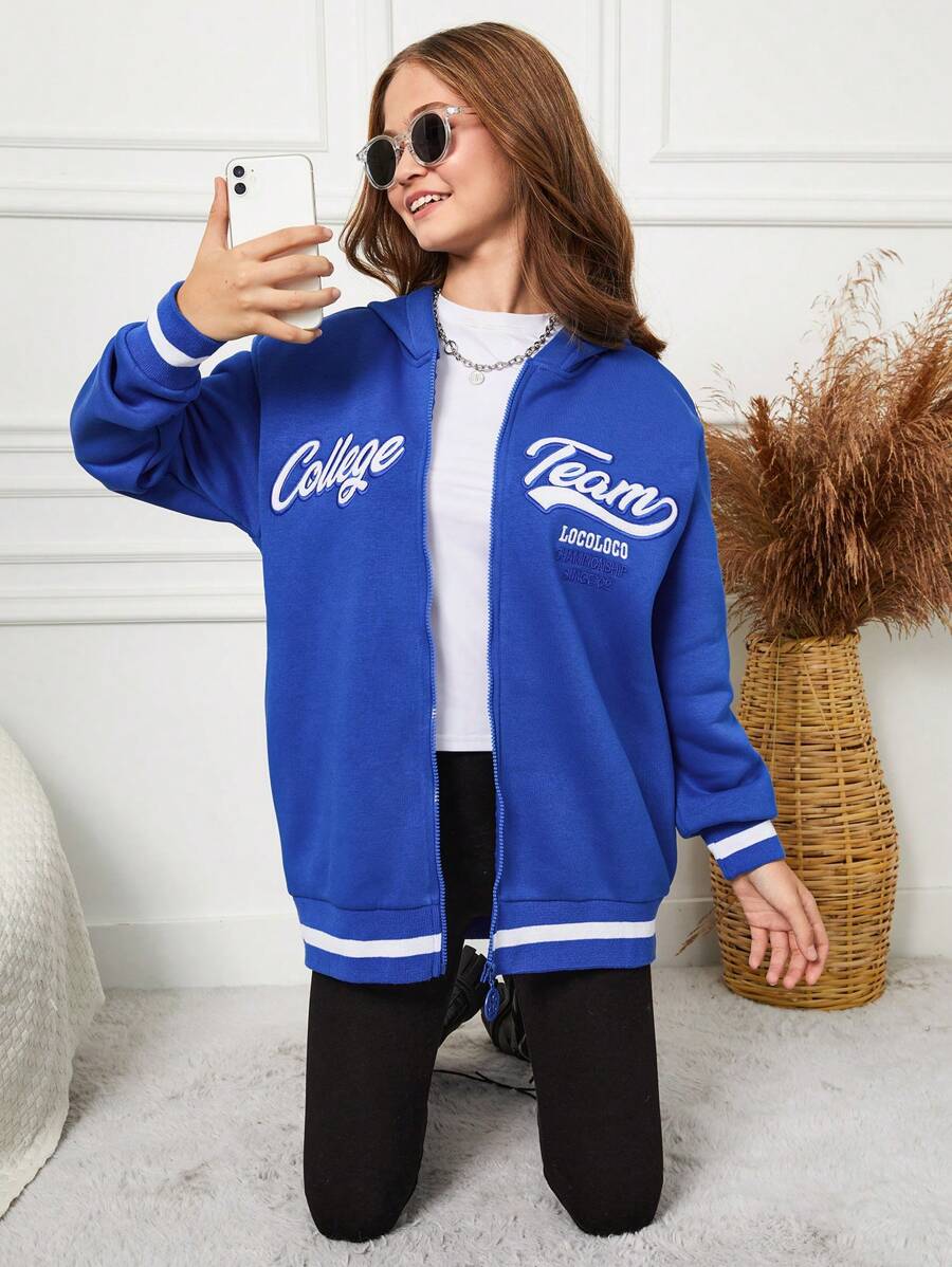 RueChic Teenage Girls' Letter Printed Hooded Jacket - Blue - View 1