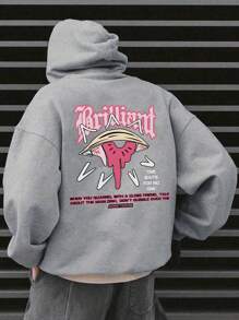 Nam Khẩu hiệu & Đồ họa Hoạt hình Thả vai Hoodie - Xám - Xem 1