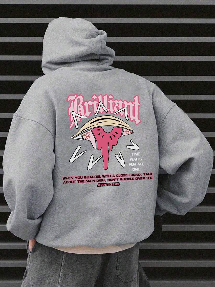 Nam Khẩu hiệu & Đồ họa Hoạt hình Thả vai Hoodie - Xám - Xem 1