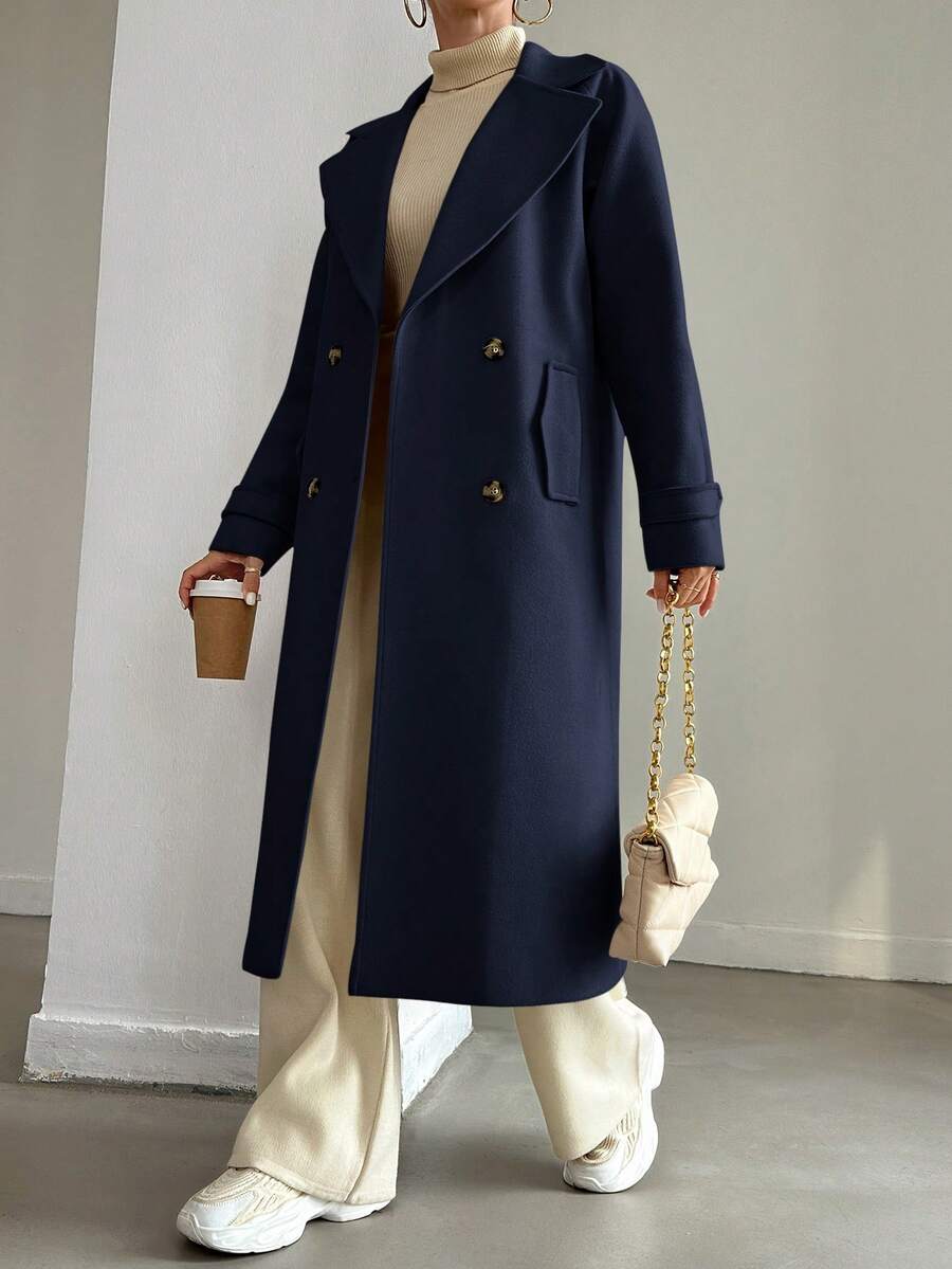 EURMUSE Ladies' Solid Color Double-breasted Woolen Coat With Suit Collar - Navy Blue - View 1