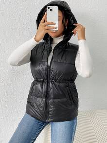 SHEIN Frenchy Women's Drawstring Waist Padded Vest Coat - Black - View 4
