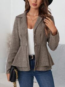 SHEIN Clasi Xương cá trích In Peplum Hem Nút phía trước áo - màu nâu - Xem 1