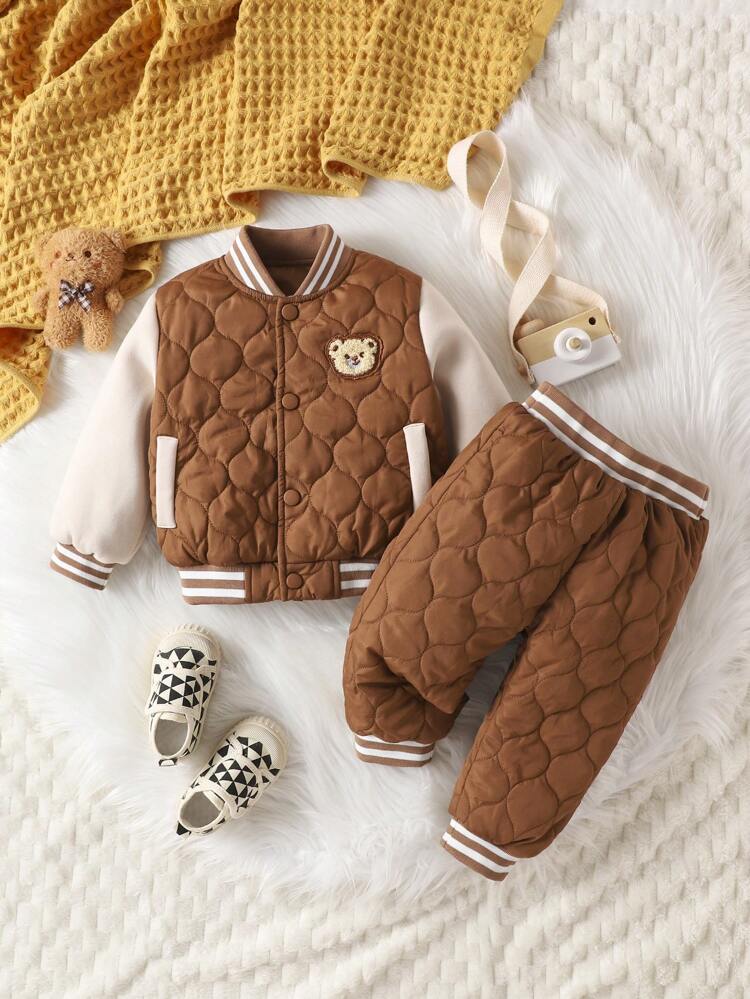 Baby Boys' Striped Thermal Lined Bear Embroidery Hooded Set