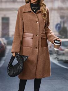 SHEIN Unity Flap Pocket Drop Shoulder Teddy Coat - Mocha Brown - View 4