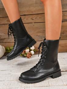 女性大碼黑色時尚繫帶靴 - 黑色 - 查看 5