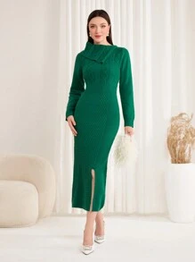 Modelyn Foldover Front Split Hem Sweater Dress - Green - View 1