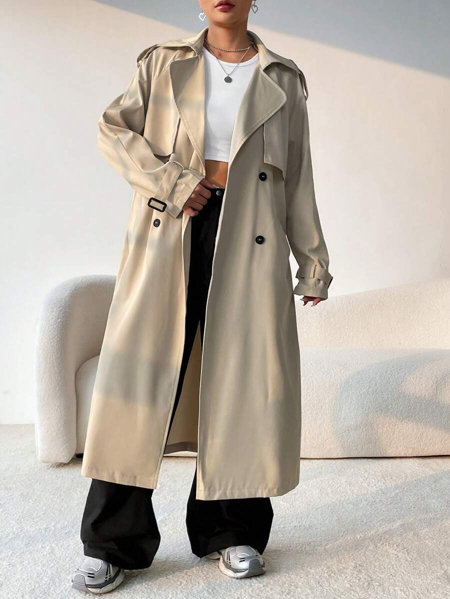 SHEIN x Carly Lawrence SHEIN EZwear Double Breasted Belted Trench Coat