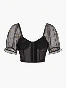 ROMWE Goth Ống tay áo Bustier Ngôi sao Lưới Áo - màu đen - Xem 2
