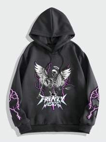 ROMWE MEN Street Life Men Skull & Lightning Printed Hoodie With Drawstring And Thermal Lined - Dark Grey - View 1