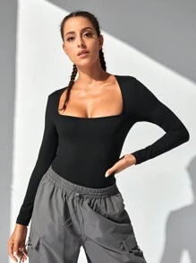 SHEIN Dance Studio Mono De Fitness De Color Sólido - Negro - Ver 3