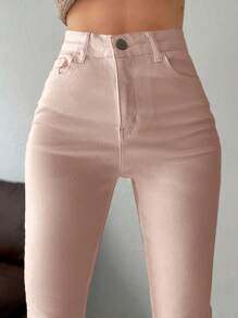 EURMUSE High Waist Slim Fit Denim Long Pants - Beige - View 4