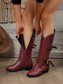 歐美風格皮帶扣靴女冬季粗跟中筒靴，女士牛仔靴 - 酒紅色 - 查看 5