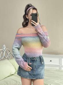 SHEIN EZwear 漸層折邊一字肩套頭毛衣 - 彩色 - 查看 4