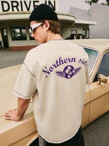 Contrast Color Earth Print Suede T-shirt - Apricot - View 1