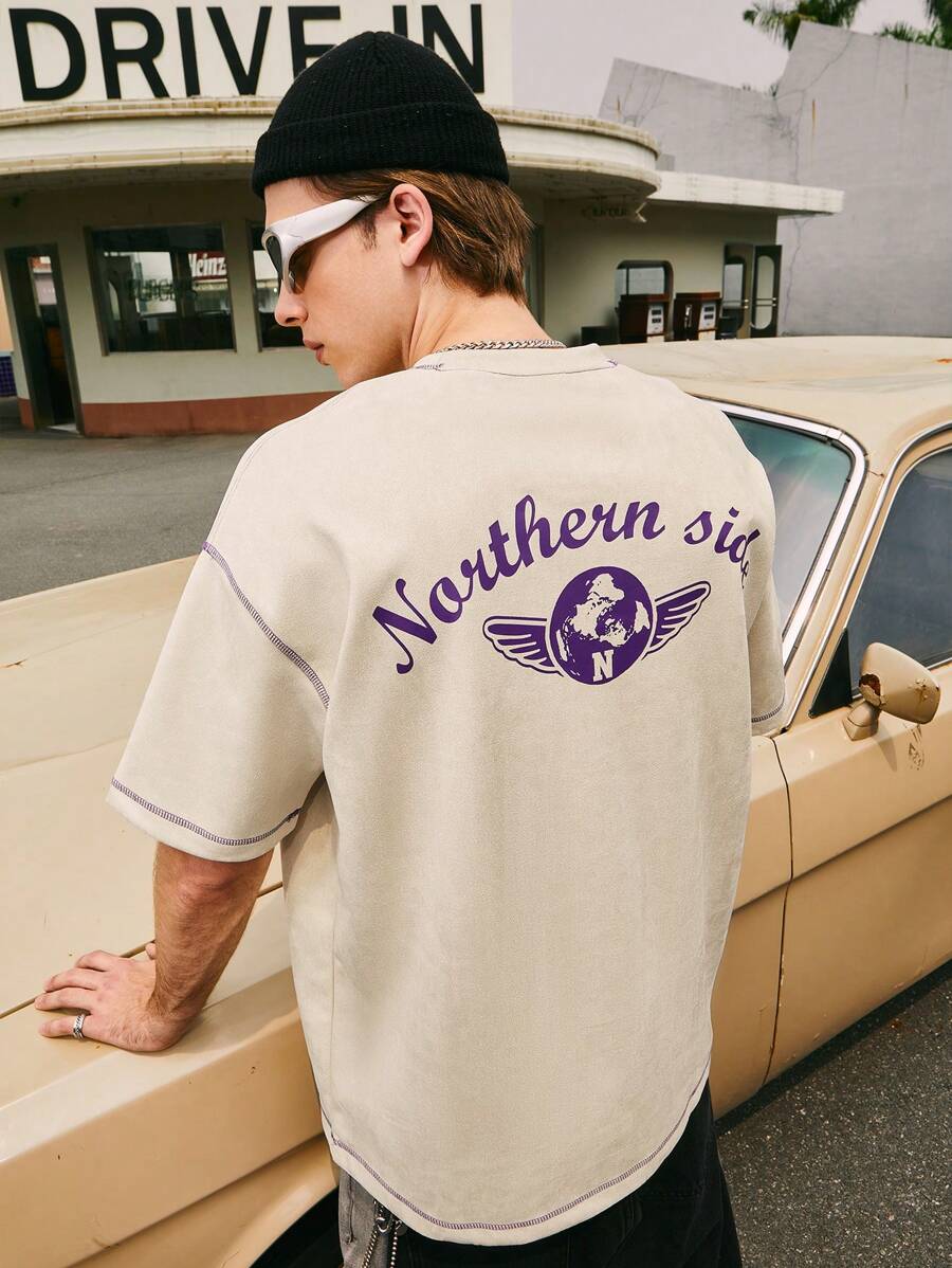 Contrast Color Earth Print Suede T-shirt - Apricot - View 1