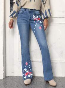SHEIN LUNE Floral Print Flared Jeans