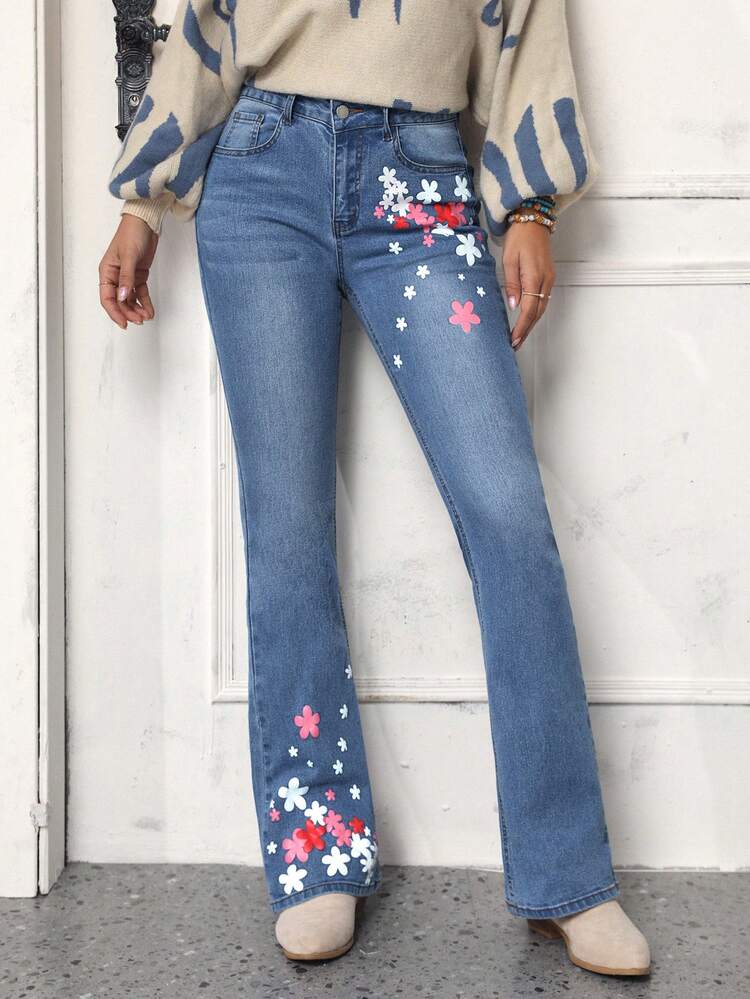 Floral Print Flared Jeans