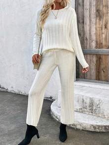 SHEIN LUNE Thả vai Áo len & Quần dệt kim - Màu be - Xem 4