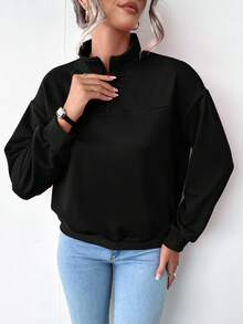 SHEIN Essnce 女款純色半拉鍊衛衣 - 黑色 - 查看 4