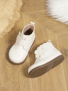 女孩時尚白色英倫風情復古靴子帶可愛花朵裝飾適用於秋天和冬天 - 白色 - 查看 2