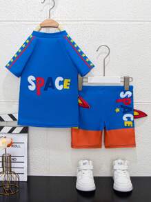 Young Boy Astronaut Print Raglan Sleeve Beach Swimsuit - Royal Blue - View 2