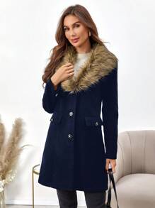 SHEIN Clasi Fuzzy Collar Flap Pocket Overcoat - Navy Blue - View 3