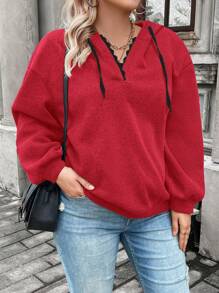 SHEIN Franclia 加大码落肩抽绳卫衣 - 紅色 - 查看 3