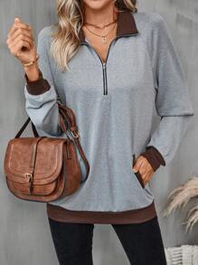 SHEIN LUNE Contrast Trim Raglan Sleeve Zipper Front Sweatshirt - Multicolor - View 1