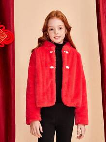 SHEIN Girls' Woven Plain Color Stand Collar Plush Jacket With Elegant Style - Red - View 4