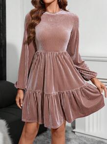 SHEIN Clasi Vestido de manga farol bajo con fruncido de terciopelo - Champán - Ver 3