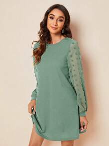 SHEIN Clasi Chấm Swiss Tay áo lồng đèn Đầm - Màu xanh Bạc hà - Xem 3