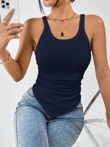 SHEIN Essnce Viền không đối xứng Racerback Áo ba lỗ - Màu xanh hải quân - Xem 4