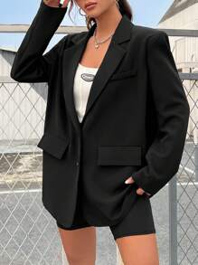 SHEIN EZwear Của phụ nữ Xu hướng: Cắt giảm Thêu Bướm Cổ áo tây Áo vest - màu đen - Xem 4