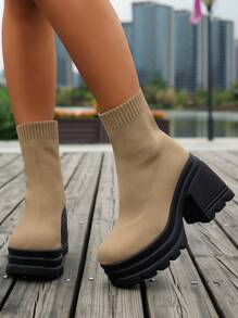 秋冬女式休闲厚底针织过膝长靴时尚高跟弹力袜靴加大码踝靴