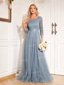 XUIBOL Contrast Lace Mesh Trim Bridesmaid Dress - Dusty Blue - View 7