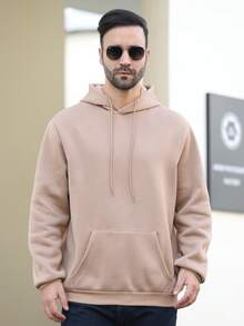 Men Plus Letter Print Hooded Fleece Sweatshirt - Coffee Brown - View 2