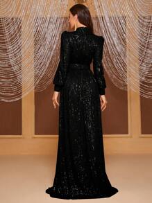 YISIKADO 高领灯笼袖亮片礼服黑色优雅长袖舞会晚会婚礼宾客礼服，适合毕业典礼、晚宴派对礼服 - 黑色 - 查看 3