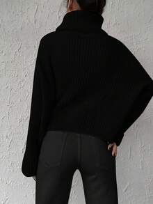 EURMUSE Solid Color Turtleneck Batwing Sleeve Sweater Fall - Black - View 2