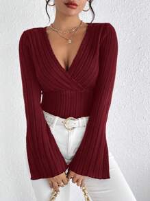 SHEIN Frenchy Women's Red Textured Fabric Wrap Ribbed Bell Sleeve T-Shirt Winter Christmas New Year Burgundy Casual Spring Valentine's Day - Burgundy - View 1