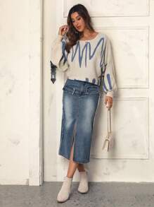 SHEIN LUNE High Waist Split Thigh Denim Skirt - Blue - View 5