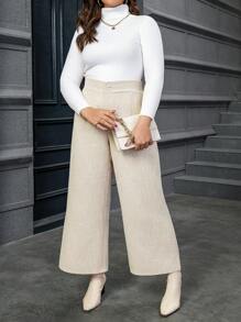 Calvaya Plus High Waist Wide Leg Pants - Apricot - View 4
