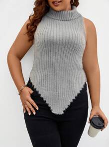 SHEIN LUNE Plus Turtleneck Asymmetrical Hem Knit Top - Light Grey - View 5