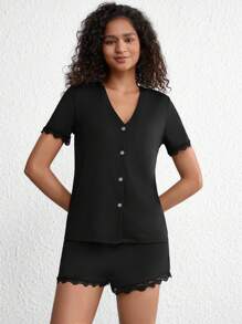 Ladies' Lace Patchwork Pajama Set - Black - View 6