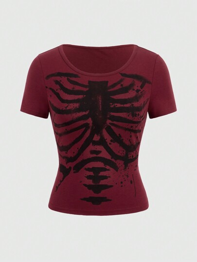 Grunge Punk Große Größen Rundhals Kurzarm T-Shirt, Schule