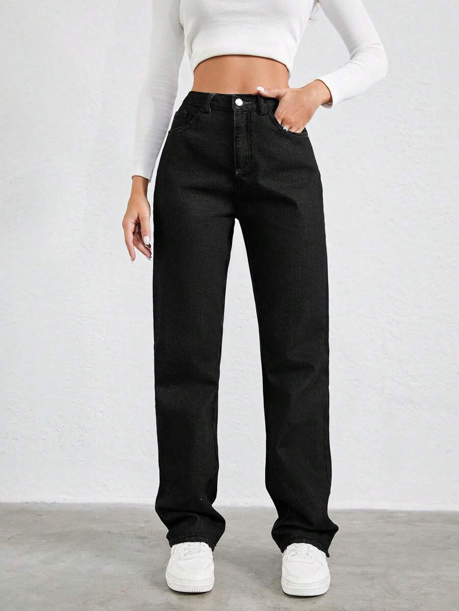 EURMUSE High-Waisted Straight-Leg Jeans - Black - View 1