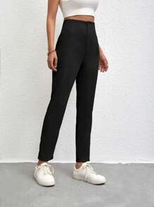 EURMUSE Solid High Waist Long Pants - Black - View 5