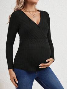 孕婦交疊領羅紋針織T恤 - 黑色 - 查看 4