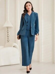 Mulvari Women's Suit Jacket, Vest And Pants Three Piece Set - Blue - View 4